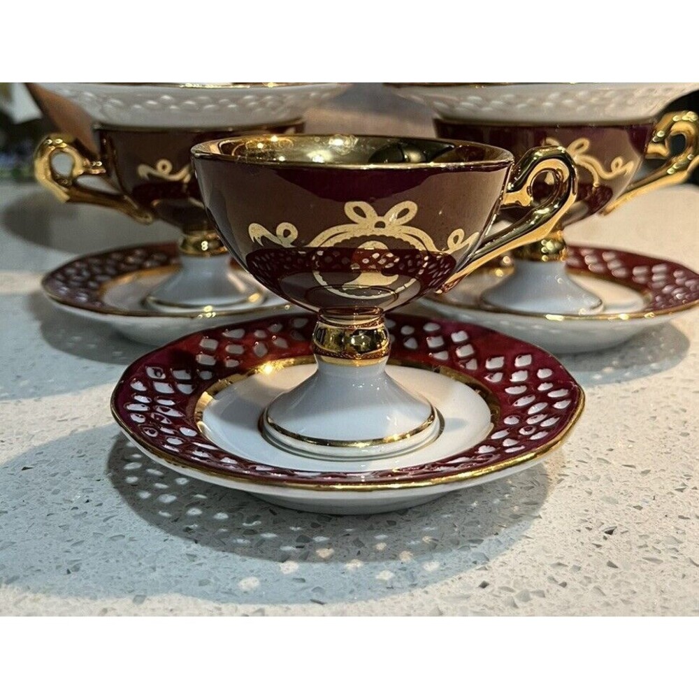 Antique Porcelain Cup And  Reticulated SaucerFiligree Lace Gold.  RARE !!